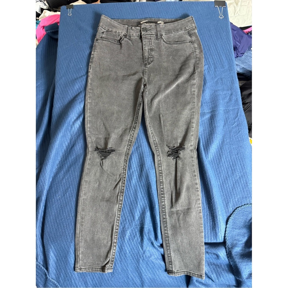Seven7 Tummyless High Rise Skinny Jeans Black Distressed Knee Womens 12